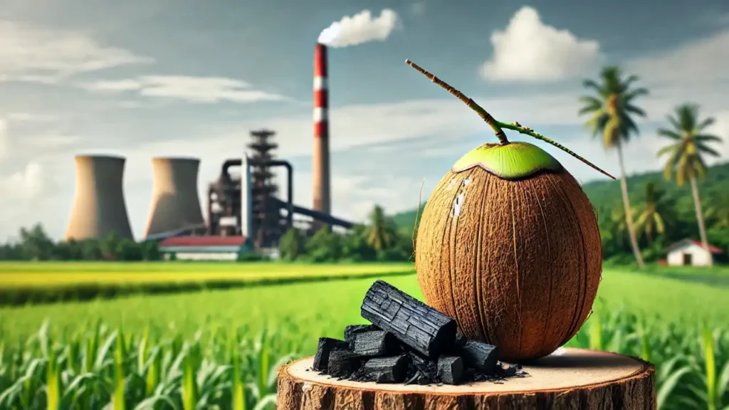 Illustration of the Coconut Cell Charcoal Making Process featuring a fresh coconut and a piece of charcoal in a field with an industrial chimney in the background, symbolizing the transformation of coconut shells into charcoal in a factory setting. Perfect representation for understanding the Coconut Cell Charcoal Making Business and its industrial potential.